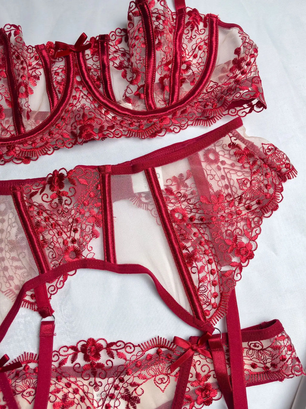 Women's New Floral Embroidered See-Through Mesh Lingerie 4-Piece Set - Sexy Underwear for Special Nights