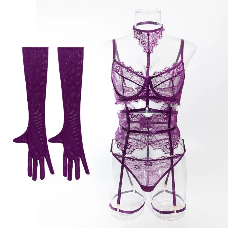 Toucheart Sexy Lingerie Suit for Women Lace Patchwork Halter Bra Set Solid Color Sexy Mesh See-through Garters Underwear Set New