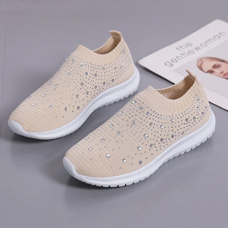 Women's Slip-On Crystal Sneakers 2025 Breathable Mesh Plus Size 35-43 Casual Flats Women Comfort Soft Sole Running Walking Shoes