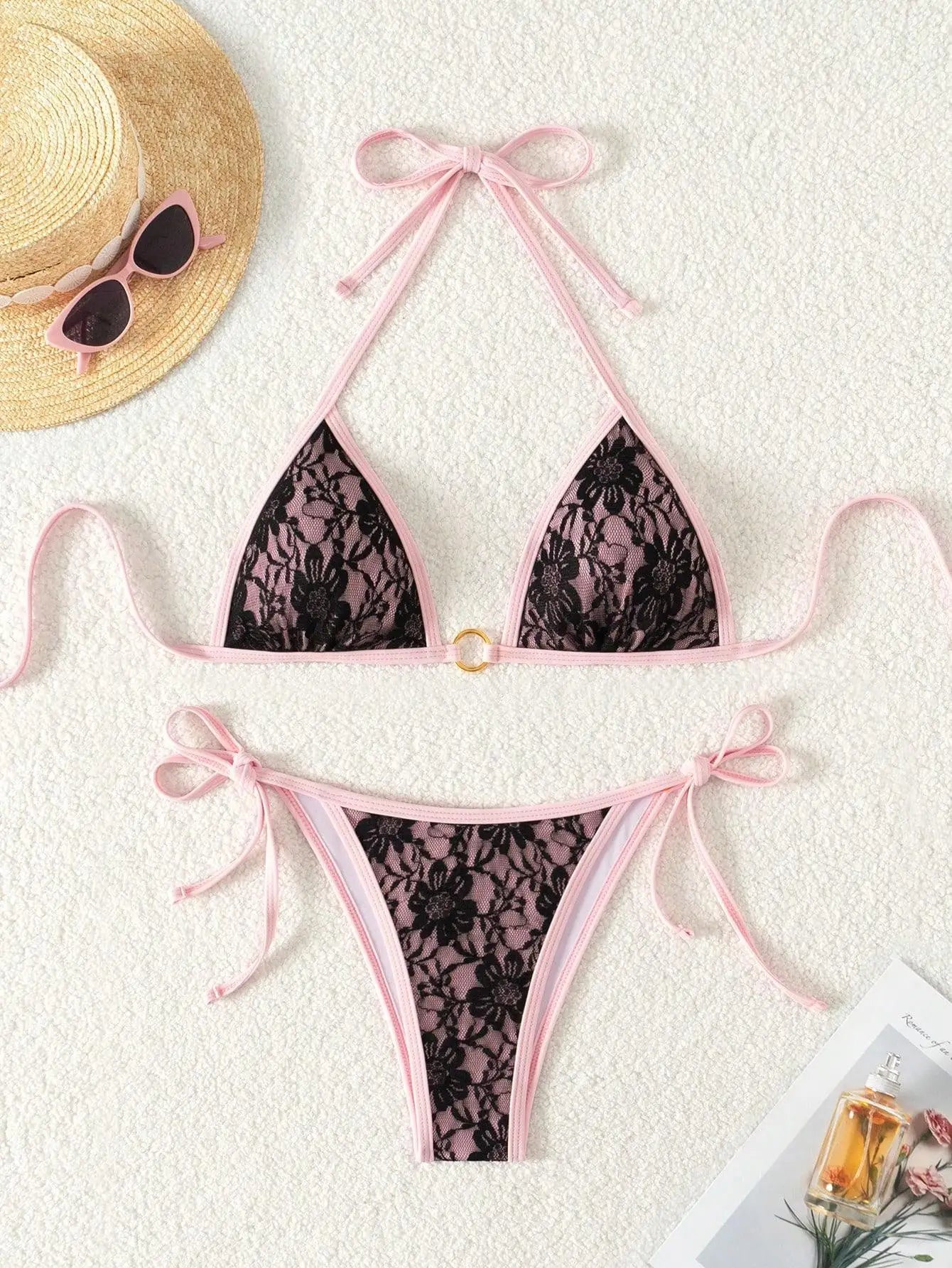 Embroidery Mesh Lace Halter High Cut Bikini Female Swimsuit Women Swimwear Two-pieces Bikini Set Bather Bathing Suit Swim Beach