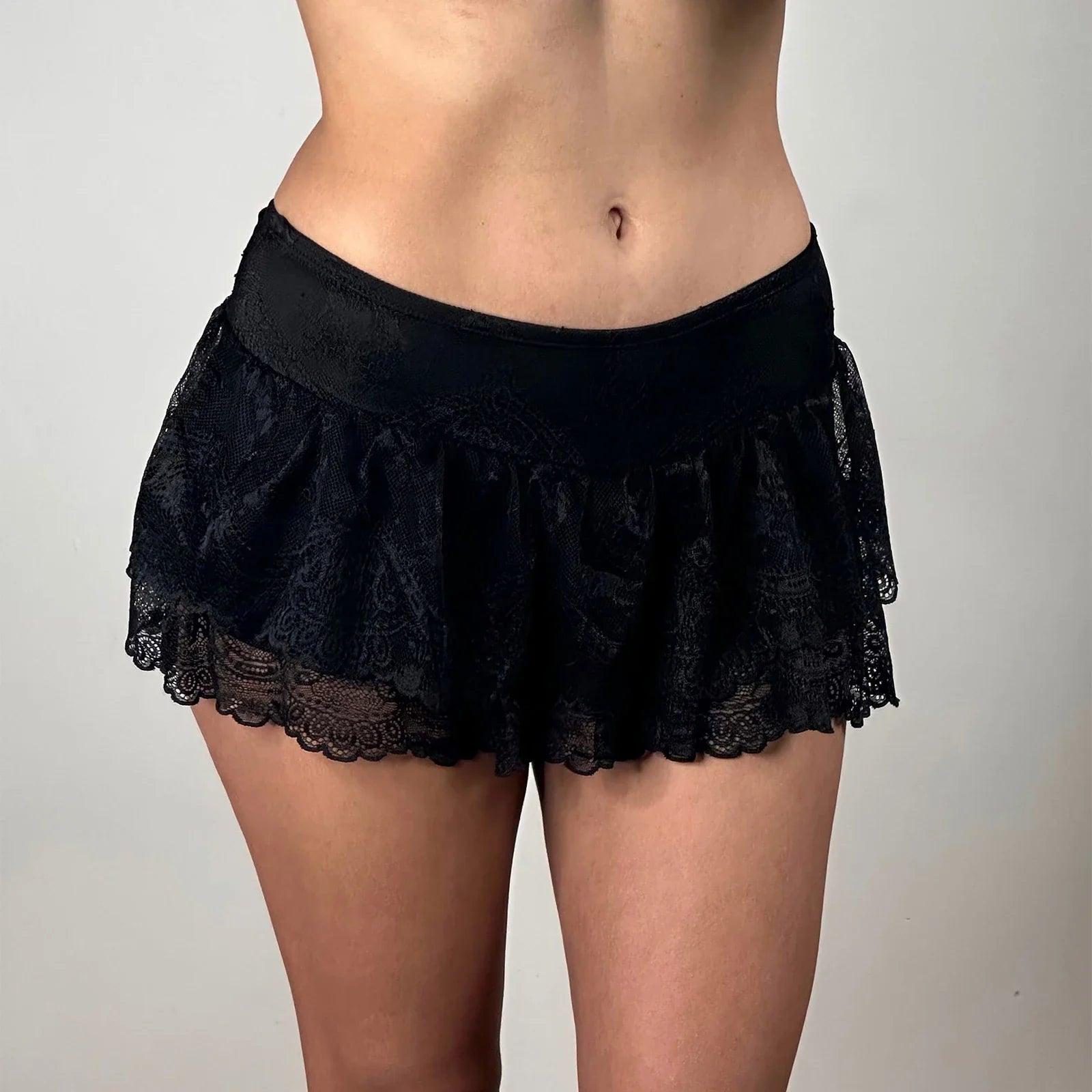 Women's Summer Sexy Casual Skirt Solid Color Low Waist Lace Ruffled Skirt with Lined Shorts