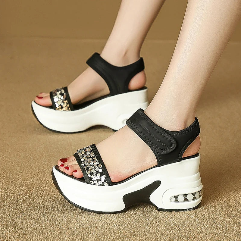 Sequin Chunky Wedges Sandals Women Plus Size 42 High Heel Platform Sandles Woman Comfy Thick Bottom Heighten Gladiator Sandalias
