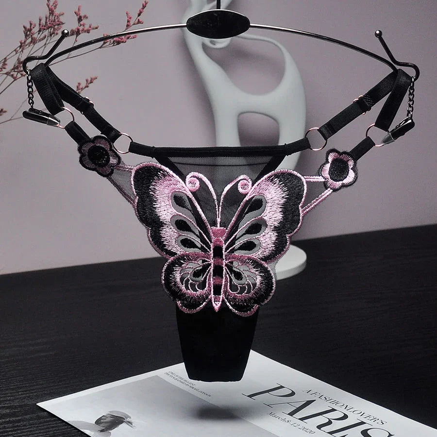 Women Butterfly Embroidery Thong Panties Sexy Lace G String Adjustable Strap Low Rise Underwear Soft Breathable Lingerie