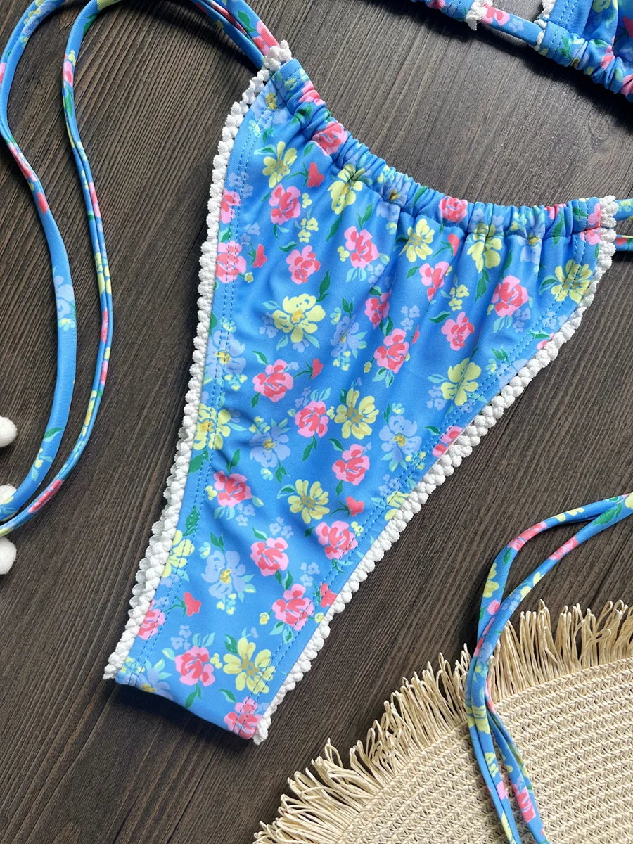 2026 Floral Print Halter Strappy Bikini Female Swimsuit Women Swimwear Two-pieces Bikini Set Bow Knotted Bathing Suit Swim Lady