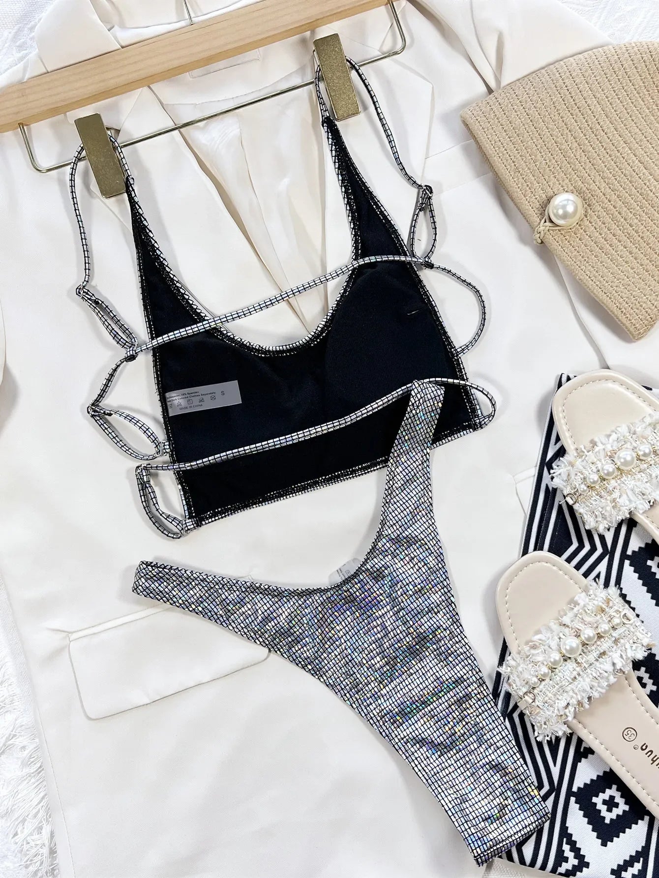 Bikini 2026 Sexy Shiny Sliver Plaid Checkered High Waist Swimwear Swimsuit Women Bikinis Set Bathing Suit Bikini Female Push Up