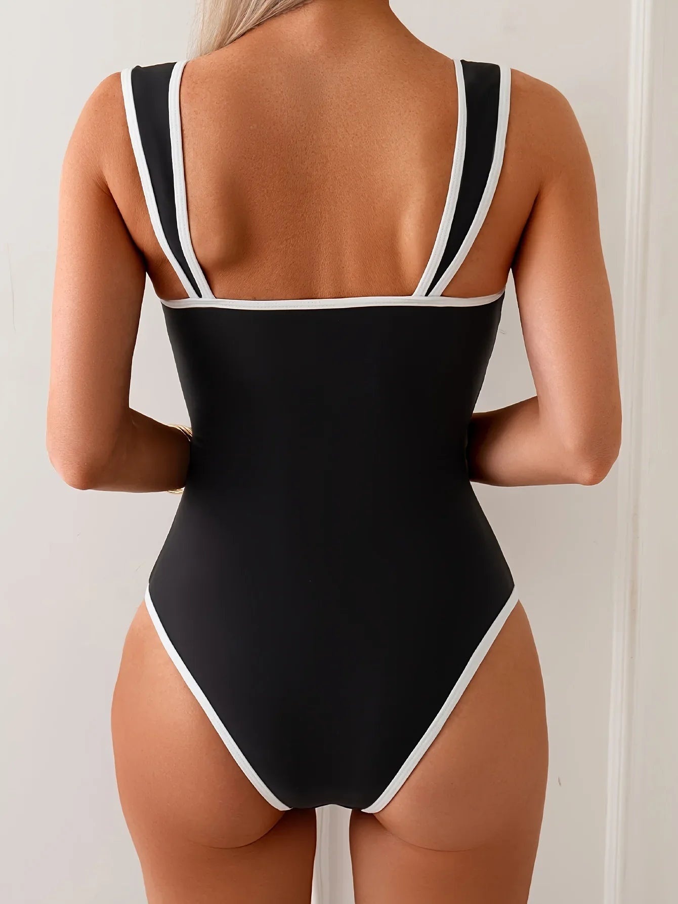 Vintage Black White Contrast Swimwear Women Sexy Push Up Slim Tummy Control One Piece Swimsuit Beach Bathing Suit Pool Monokini