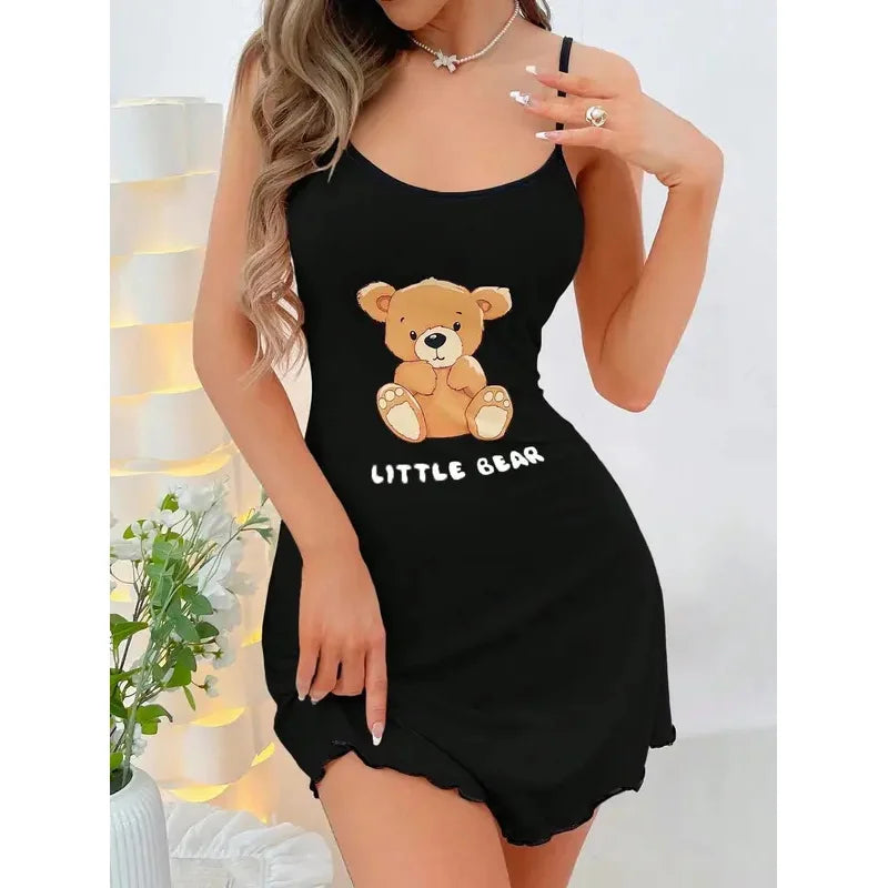 Summer Suspenders Mini Dress Women Sleepwear Comfortable Home Leisure Sexy Nightgowns Littler Bear Printed Nightdress