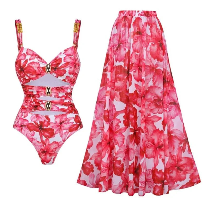 3D Flower One Piece Swimsuit and Skirt 2025 Sexy Swimwear Women Push Up Bodysuit Monokini Swim Suit Bathing Suit Beachwear