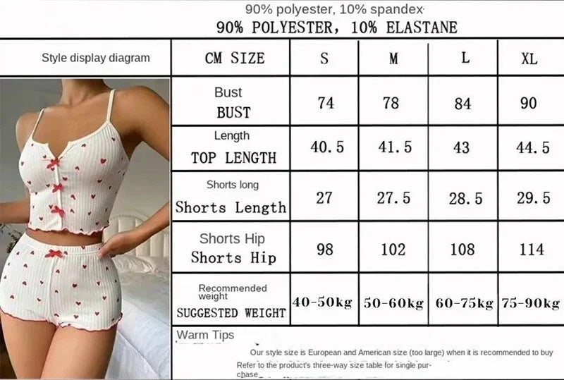 1 Set Sleepwear Women Pajamas Set Heart Print Soft Ribbed Fabric with Flirty Frill Trim Casual Top and Short Set Loungewear