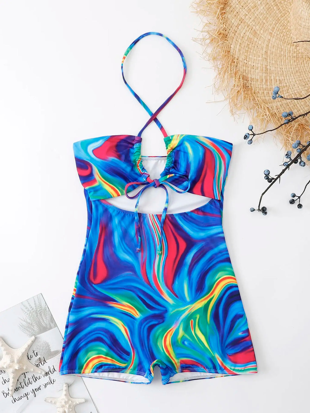2026 Allover Print Cut-out One Piece Swimsuit Halter Swimwear Women Bathing Suit Female Swimming Summer Beachwear Bodysuit