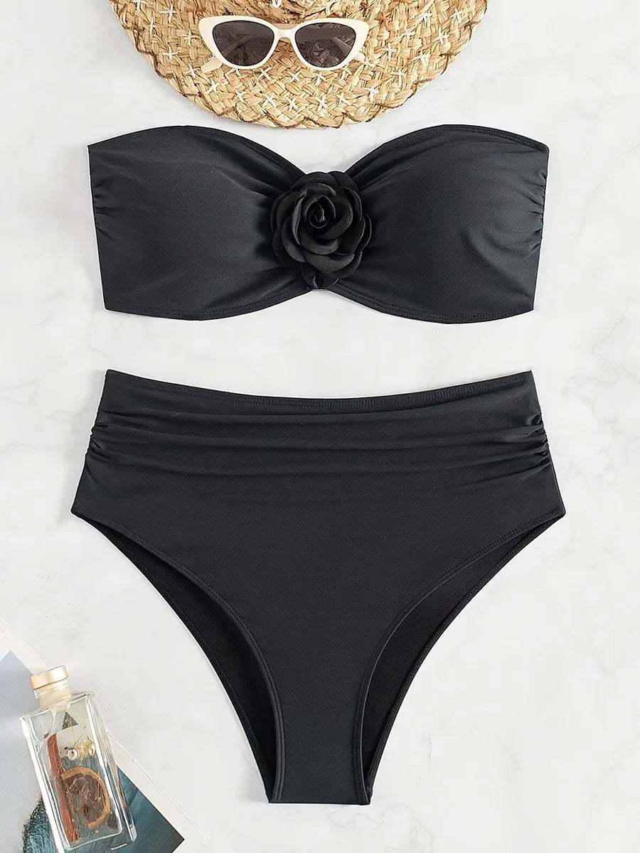 XS - XL 3D Flower Female Bandeau Swimsuit High Waist Bikini Women Swimwear Two-pieces Bikini Set Bather Bathing Suit Swim Lady