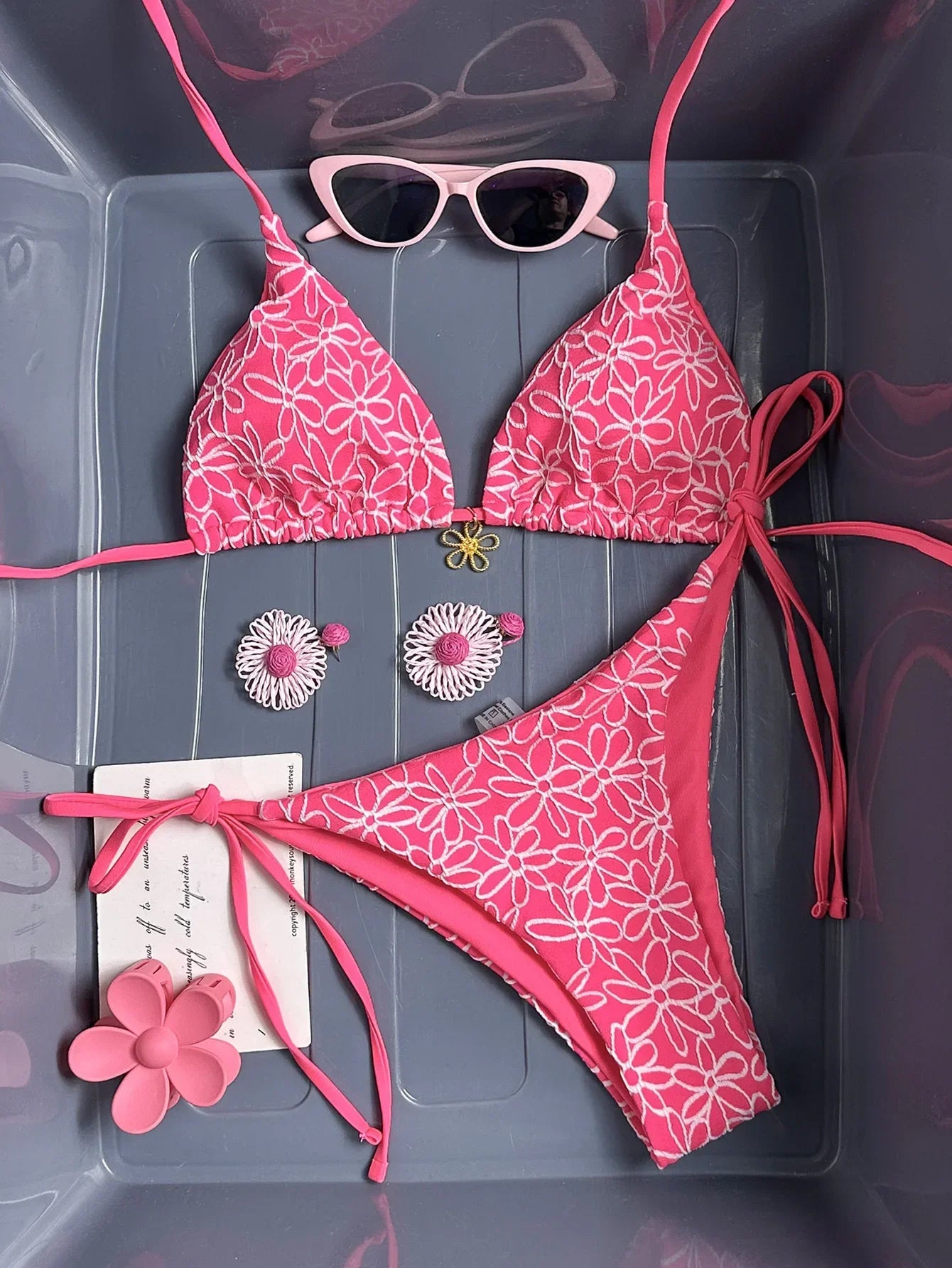 Sexy Mesh Flower Bikinis Sets Women Hot Pink Halter Push Up Bra Tie Side Swimsuit 2026 Beach Bathing Suit Holiday Micro Swimwear