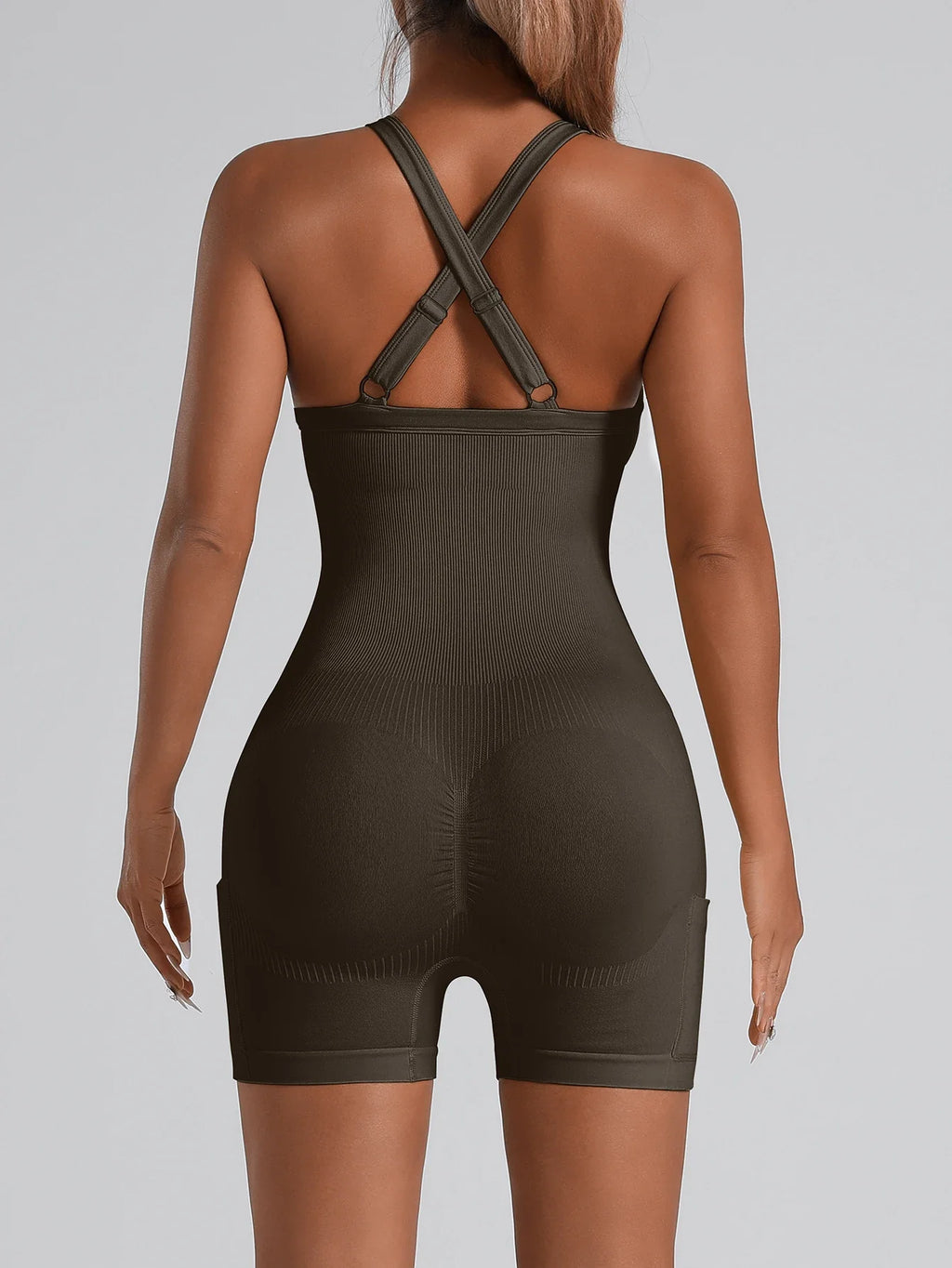 Adjustable Crisscross Back Fitness One Piece Jumpsuit Side Phone Pocket Tummy Control Athletic Yoga Bodysuit