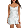 Women Sleeveless Backless Party Club Dress Solid Color Shiny Spaghetti Strap Mini Dress for Cocktail Nightclub Beach