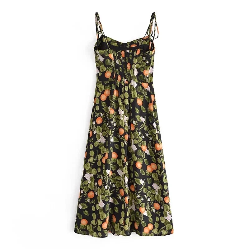 French Style Vintage Lemon Leaf Printed Green Dress Sexy Slip Midi Sleeveless Tank Dress Chiffon Women Holiday Elegant Dress