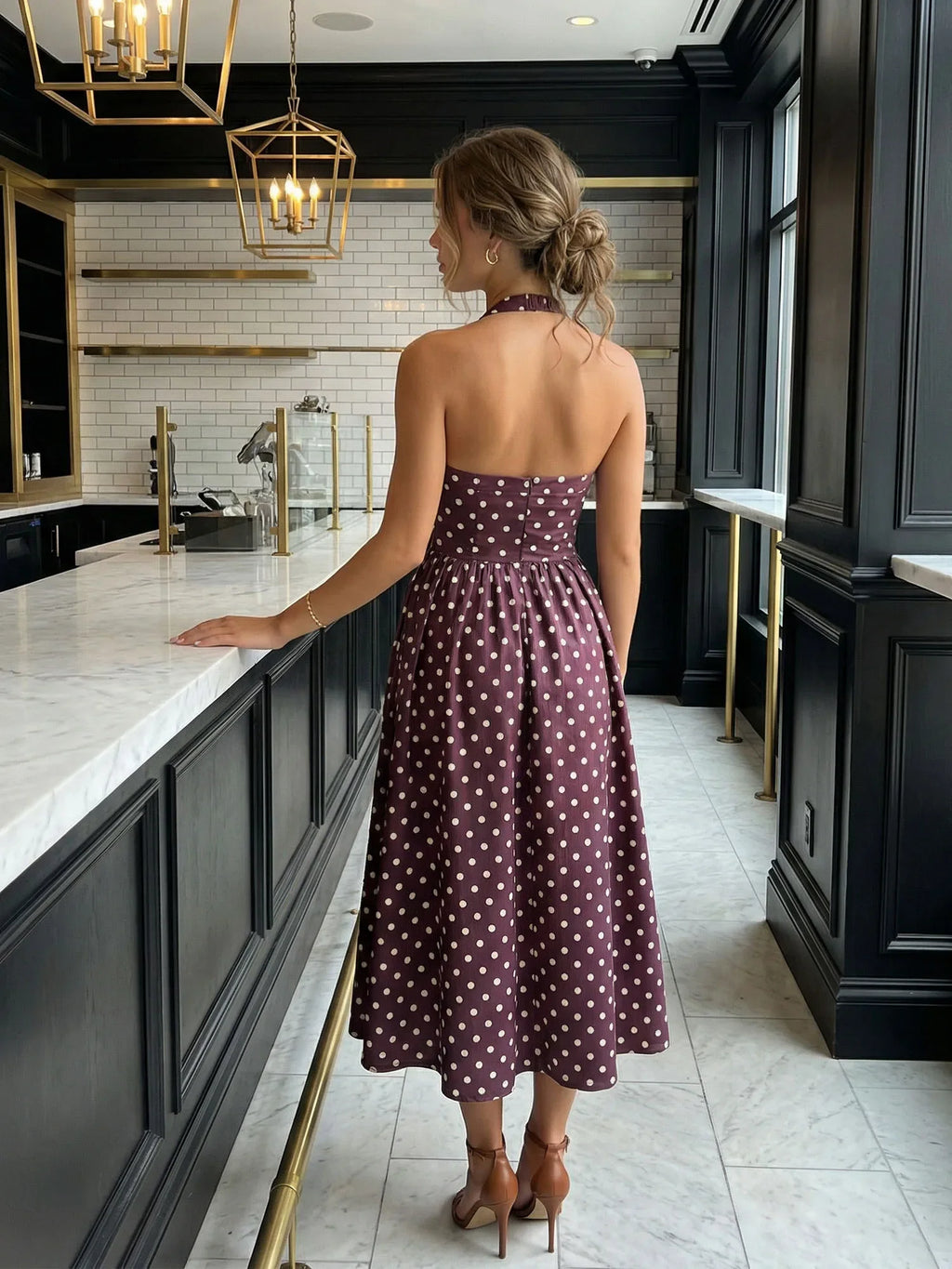 Women's Summer Halter Neck Long Dress Dot Print Sleeveless Backless A Line Dresses for Beach Party
