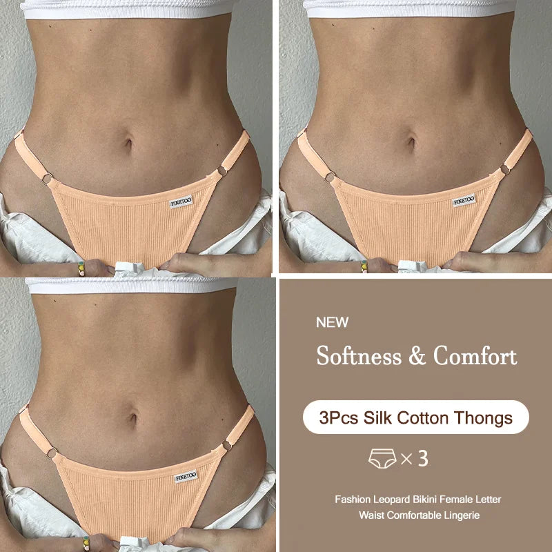 3PCS Women's Panties Cotton Thongs Adjustable Waist Sexy G-String Solid Color Seamless Intimate Female Underpants Lingerie S-XL