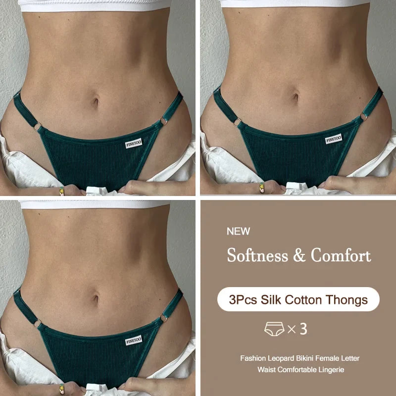 3PCS Women's Panties Cotton Thongs Adjustable Waist Sexy G-String Solid Color Seamless Intimate Female Underpants Lingerie S-XL