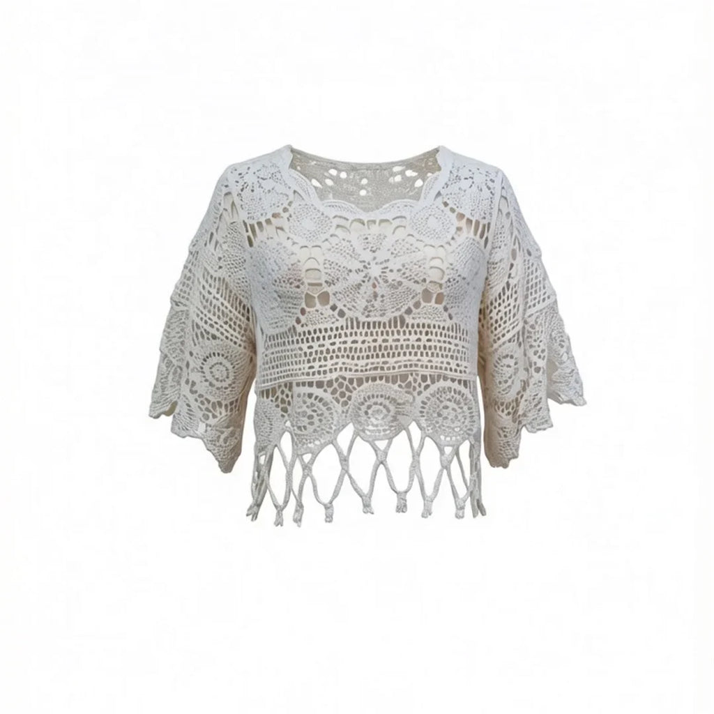 Half Sleeve Hollow Out Solid Crochet Knitted Tunic Beach Cover Up Cover-ups Beach Dress Beach Wear Beachwear Female Women V8401