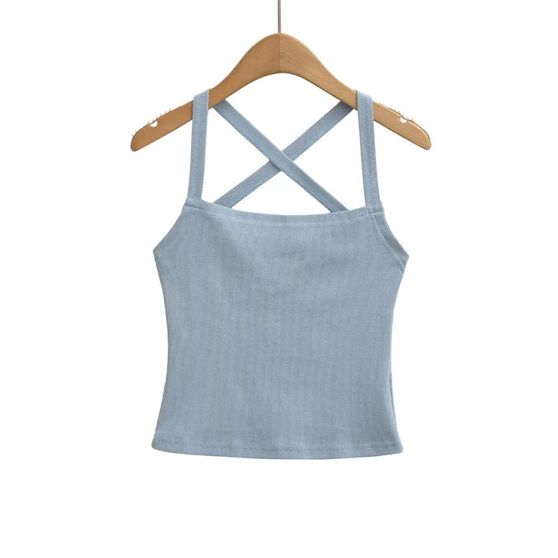 Solid Color Sexy Back-Cross-Strap Tank Top For Women New Summer Slim-Fit Short Outerwear Base Top Pure Desire Casual Style 56ZA
