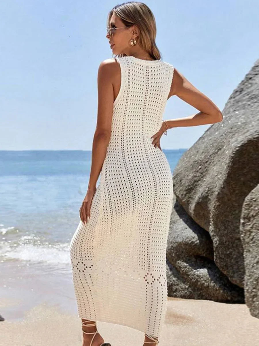 S - XL 2025 V Neck Hollow Out Crochet Knitted Tunic Beach Cover Up Long Cover-ups Beach Dress Beach Wear Beachwear Female Women