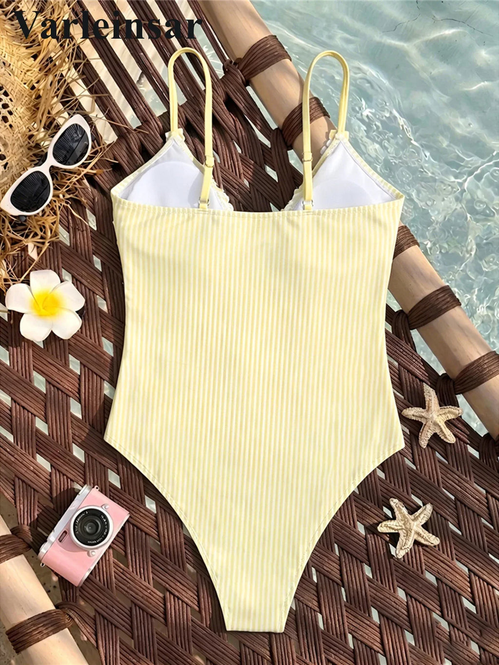S - XL Striped Plaid V Neck Women Swimwear One Piece Swimsuit Female Frilled High Leg Cut Padded Bather Bathing Suit Swim V8288