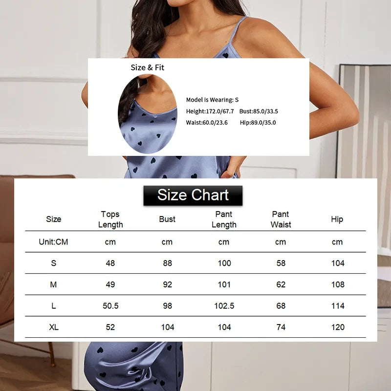 Ladies Heart Print Pajama Set Sexy V Neck Cami Top & Elastic Waistband Pants Pyjama 2 Pieces Women's Sleepwear & Loungewear Pjs