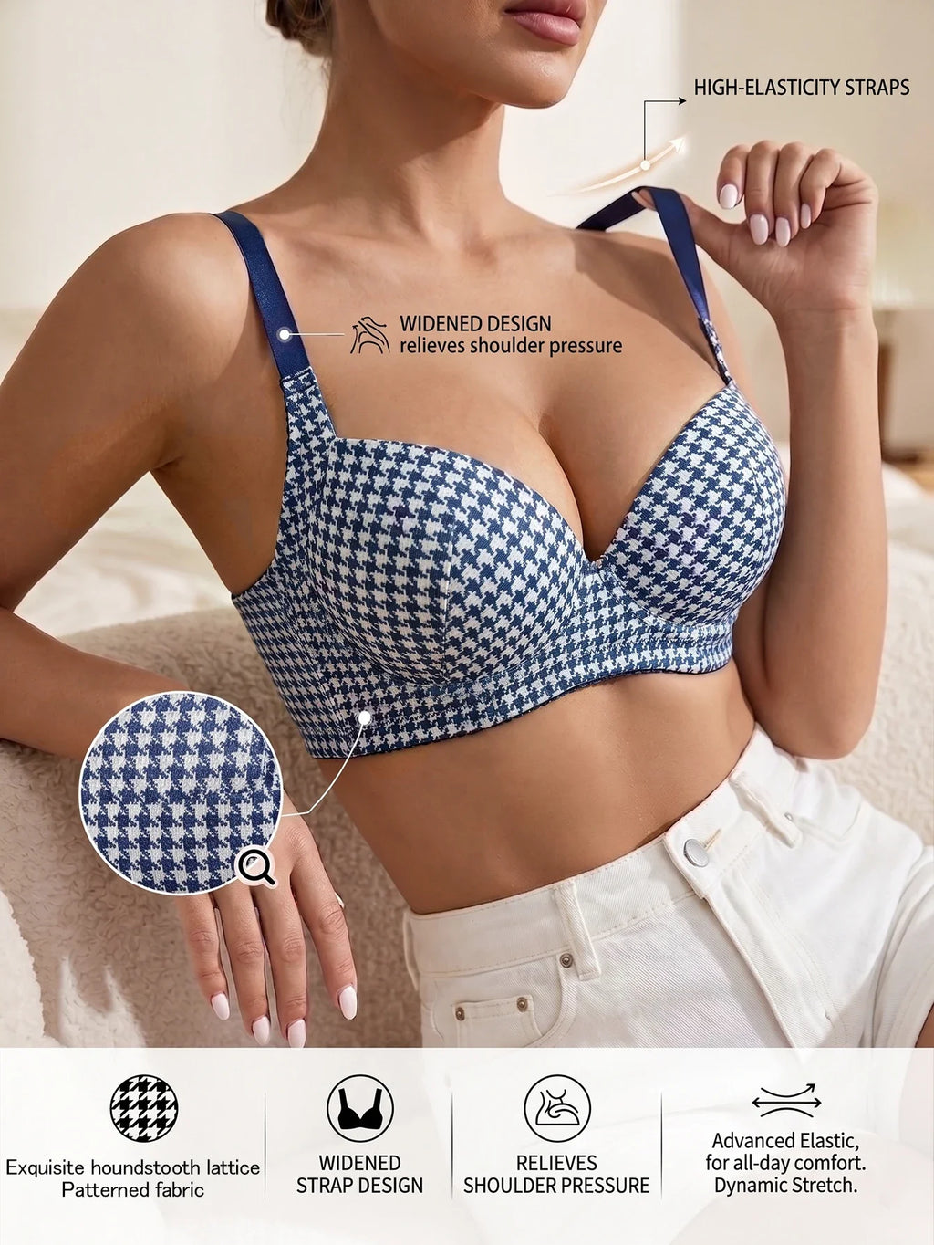 Women's Plaid Push-Up Bra Wide Straps Seamless Smoothing Underwear Underwire Side Support Adjustable Bra for Daily Wear