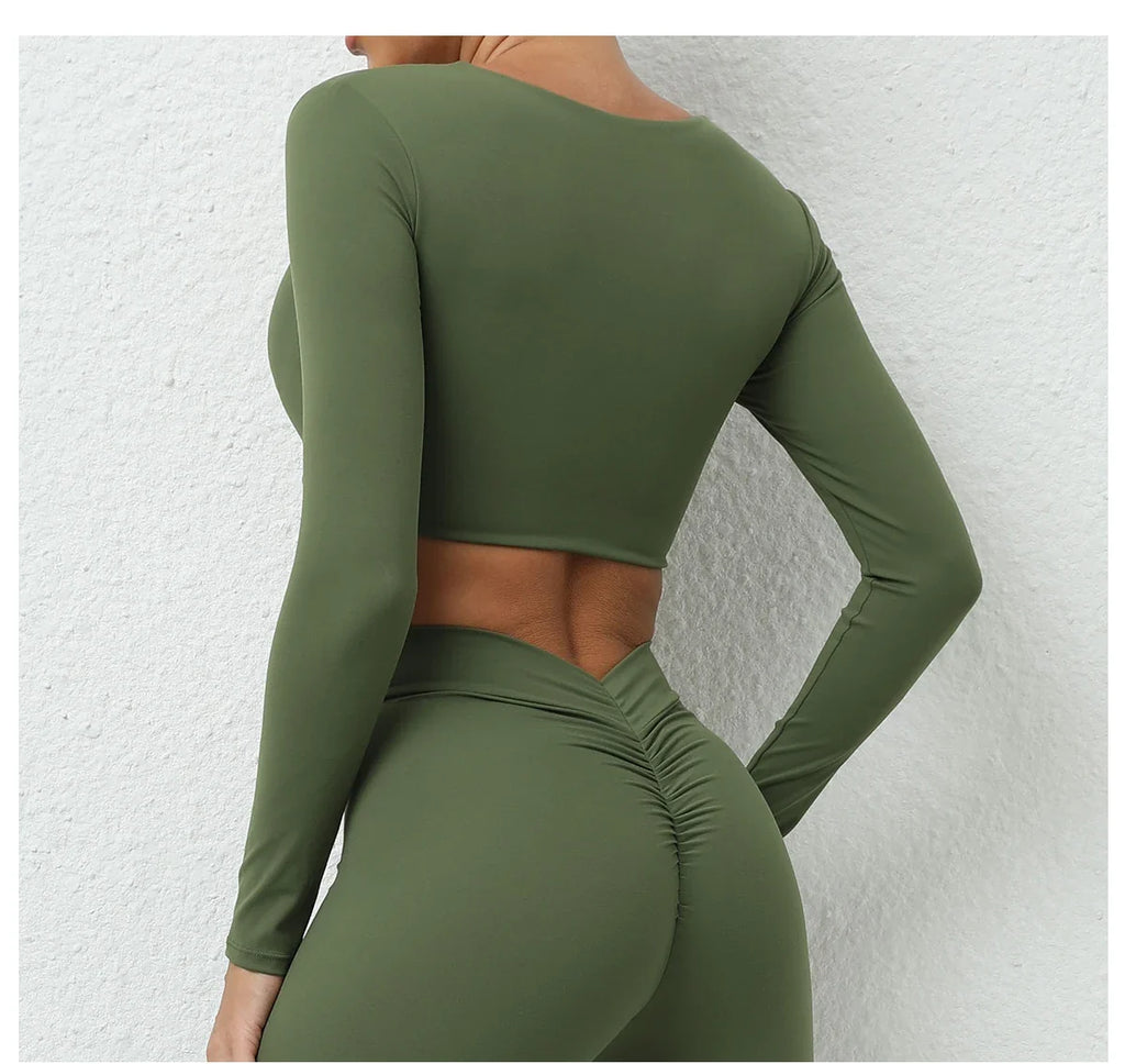 Long Sleeve Gym Crop Tops for Women Twist Deep V Workout Quick Dry Padded Sports Fitness Yoga T-Shirt