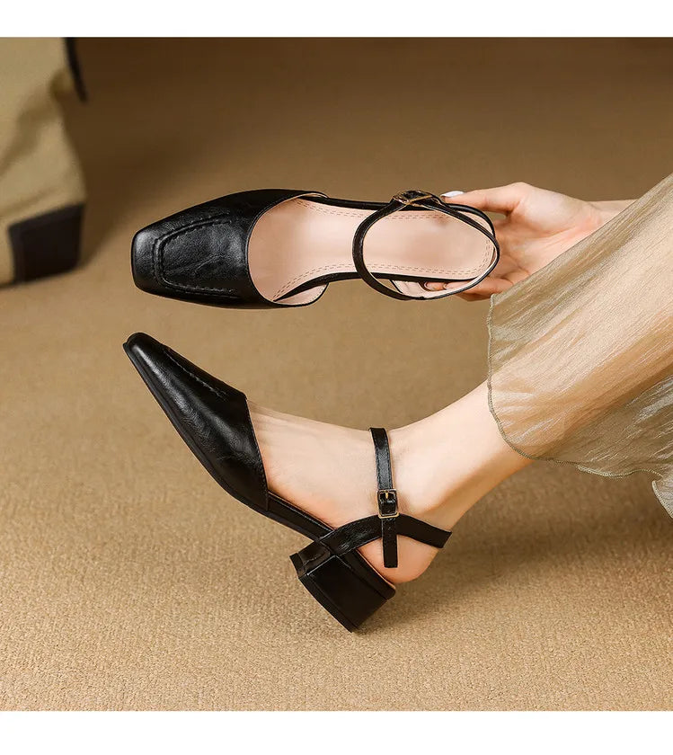 Plus Size 34-41 Women's Sheepskin Narrow Band T-strap Square Toe Summer Sandals 3.5cm Thick Low Heel Elegant Ladies Dress Shoes