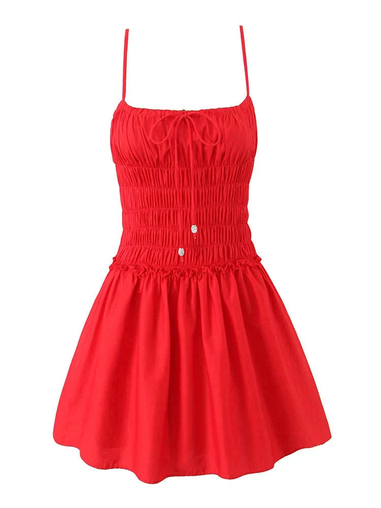 Cotton Summer Red Short Dress Women Strapless Beach Mini Dress Casual Ruffles Spaghetti Strap Boho Party Sleeveless Dress