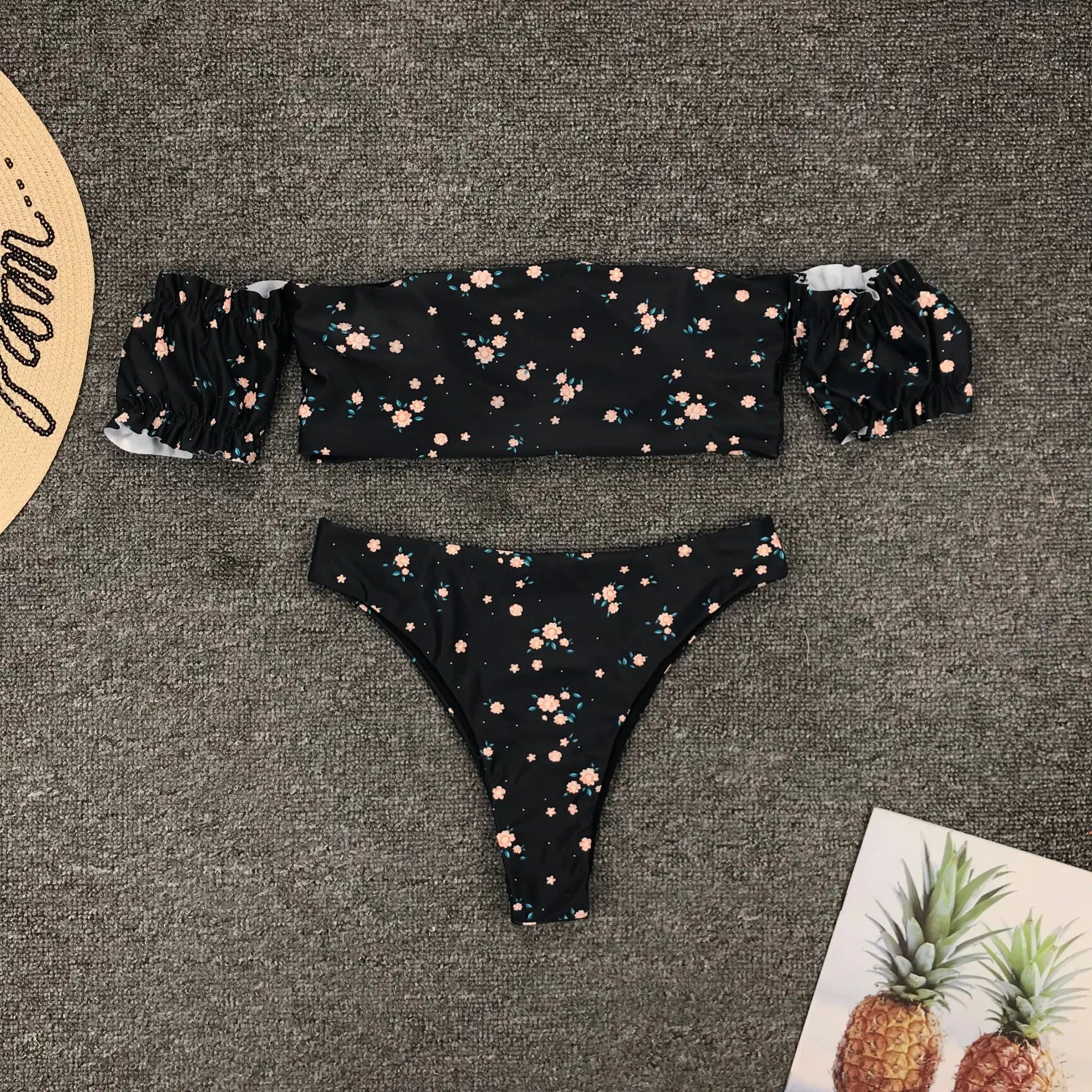 2026 Sexy Bikini Bandeau Women Black Small Floral High Waist Swimwear Swimsuit Female Beach Short Sleeve Bikini Set Bathing Suit