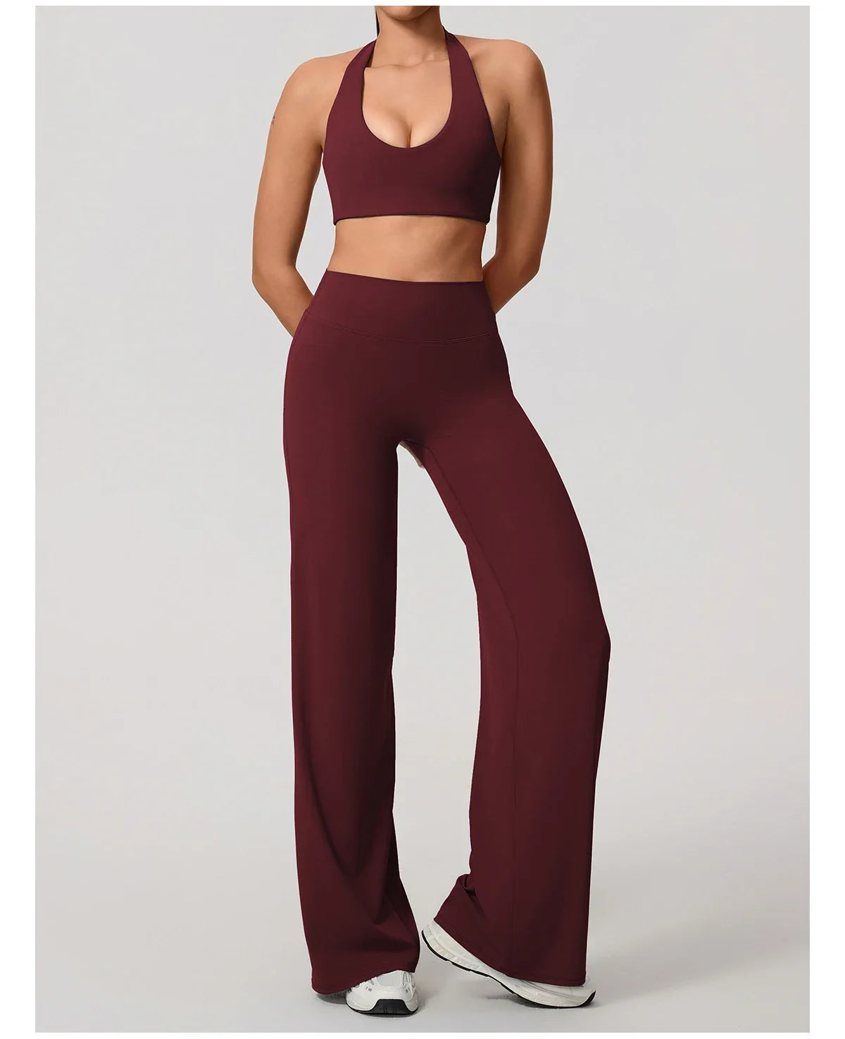 Hearuisavy Summer Yoga Set 2Pcs Women Breathable Backless Halter-Neck Sports Bra Push Up Pilates Fitness Top Straight Leg Pants