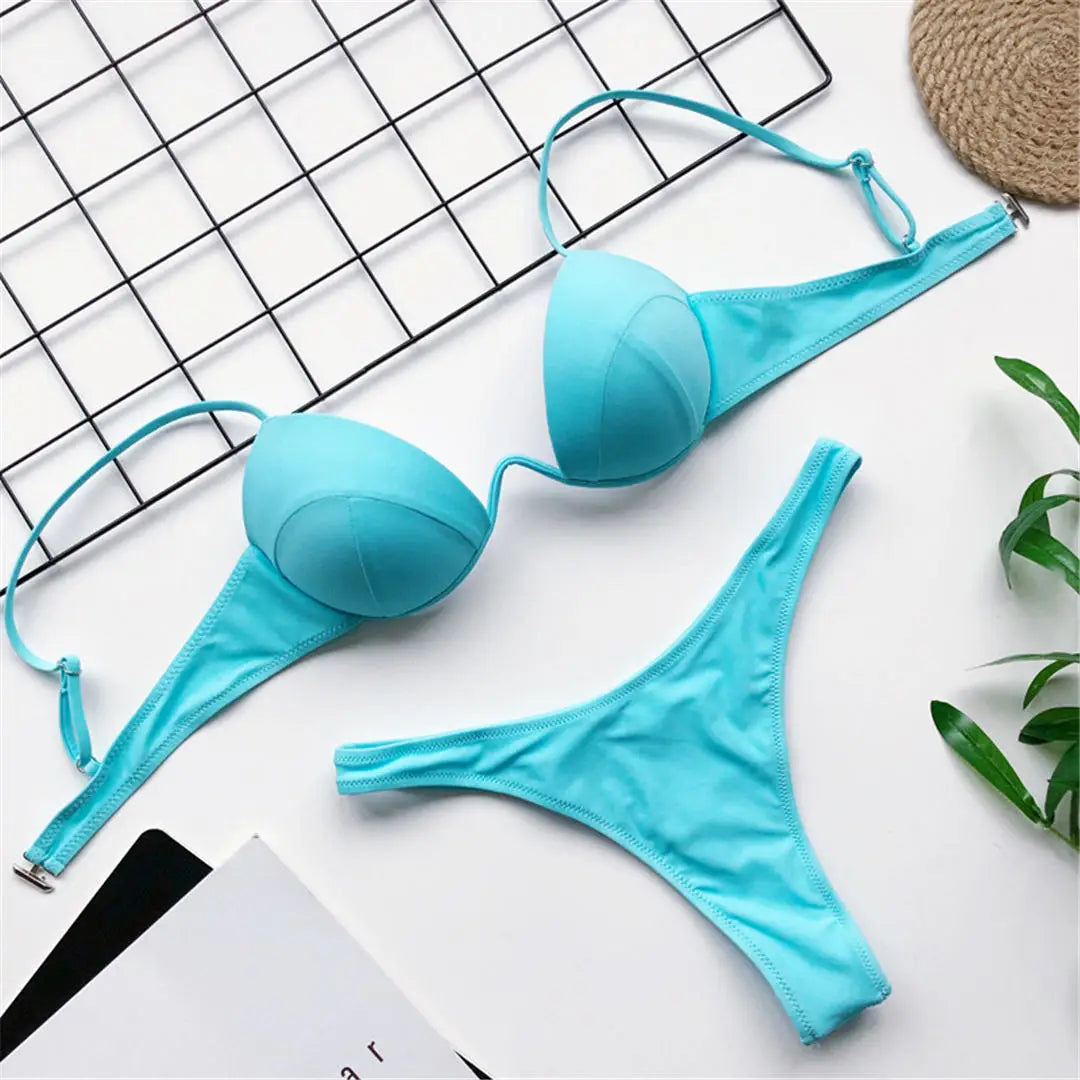 New Sexy V-bar Underwired Bra Push Up Bikini Women Swimwear Female Swimsuit Two-pieces Set V Wire Bather Bathing Suit Swim V1732