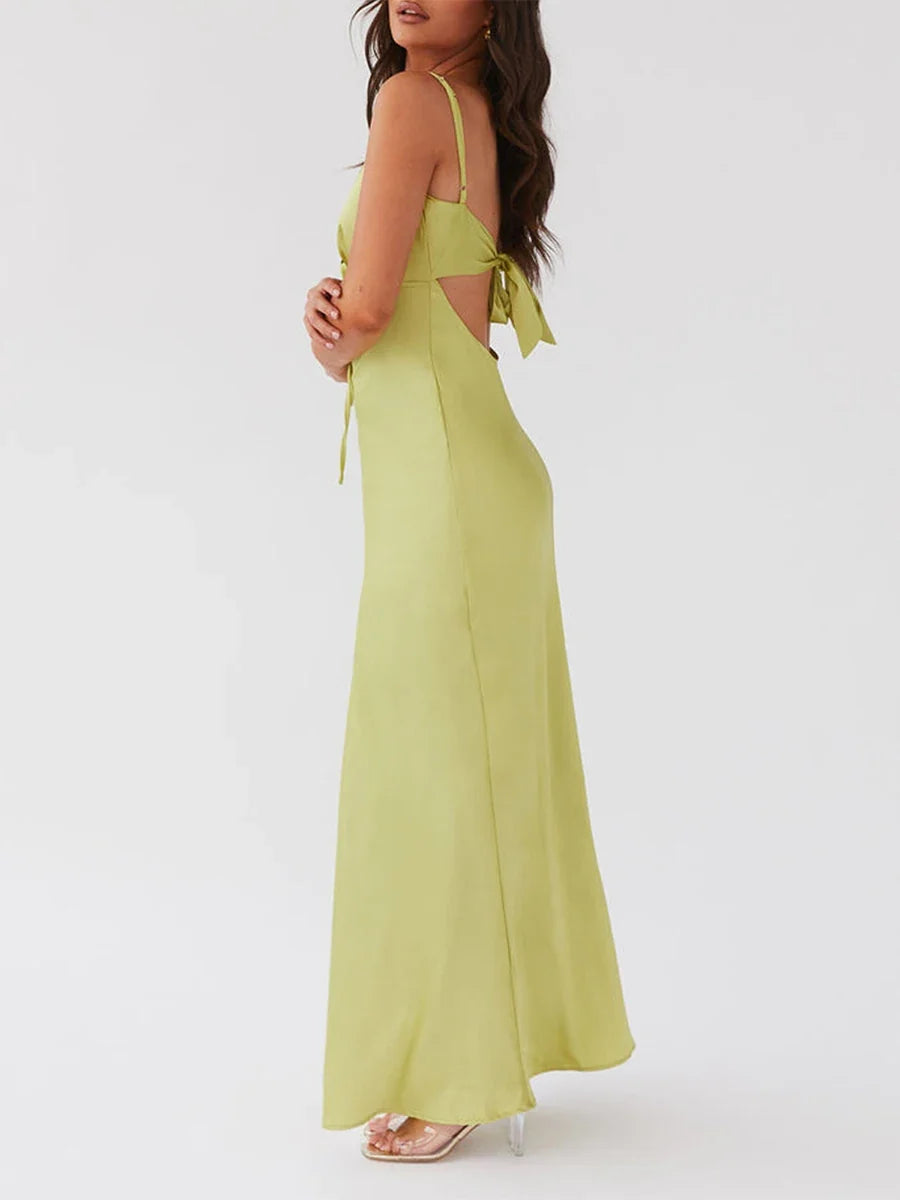 Women Cami Dress Solid Color Sleeveless Tie-Up Front Sleeveless Backless Dress Long Dress Summer Casual Spaghetti Strap Dress