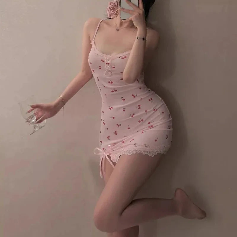 Summer Cherry Pattern Printed Nightgown Suspender Pink Women's Sleep Dress