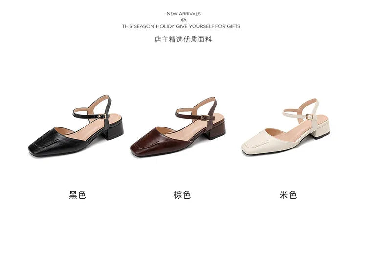 Plus Size 34-41 Women's Sheepskin Narrow Band T-strap Square Toe Summer Sandals 3.5cm Thick Low Heel Elegant Ladies Dress Shoes