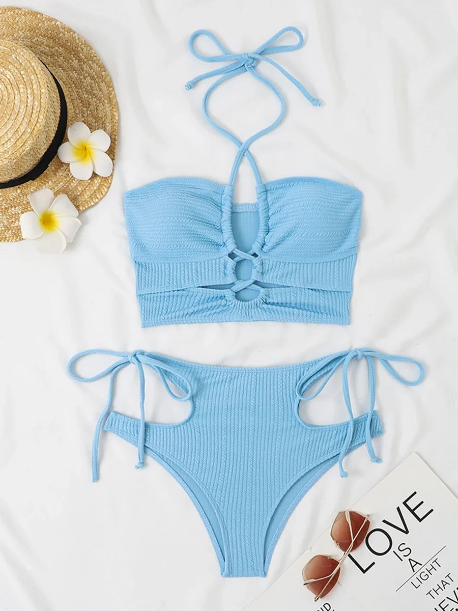 2026 Sexy High Wasited Swimsuit Women Solid Bikini Hollow Out Cross Swimwear Female Bathers Bathing Swimming Swim Suit Beachwear