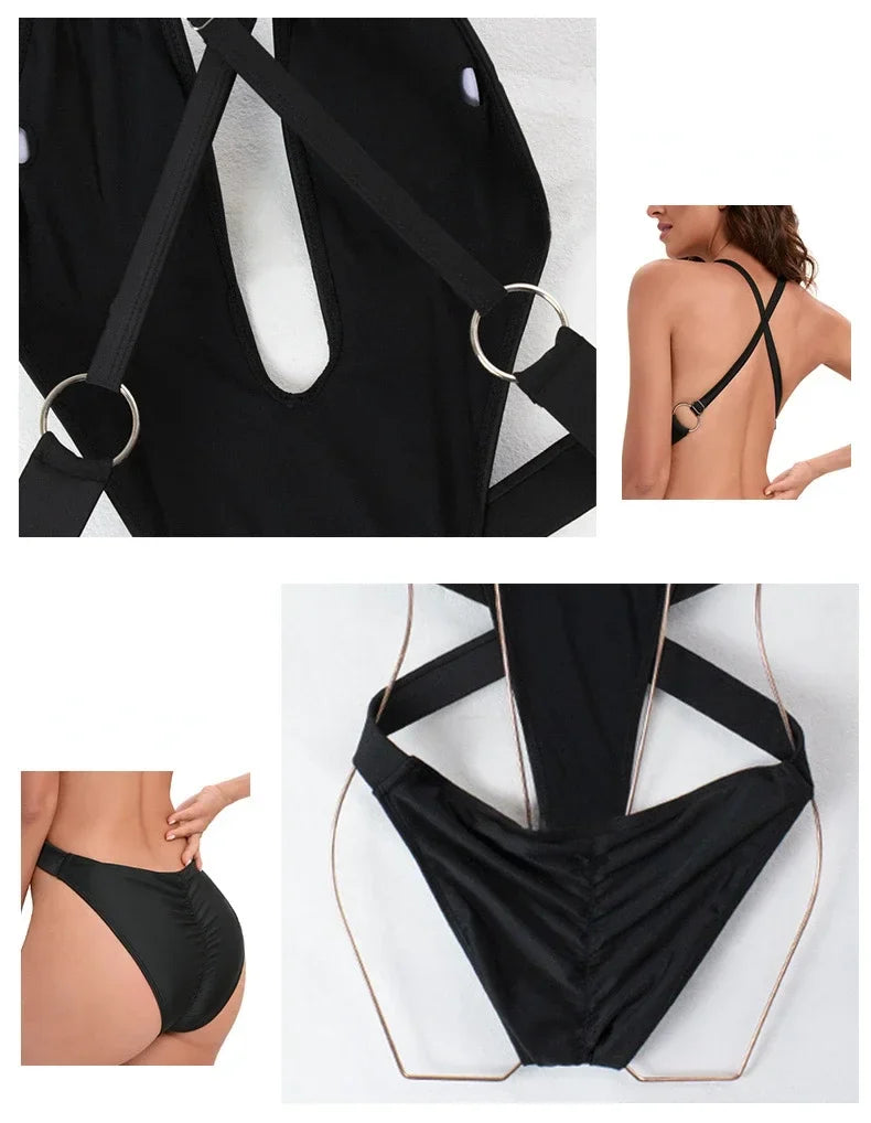 New Sexy One Piece Swimsuit Swimwear Women Black Deep V-neck Bandage Cross Backless Beachwear Bathing Suit Banadores Mujer 2026