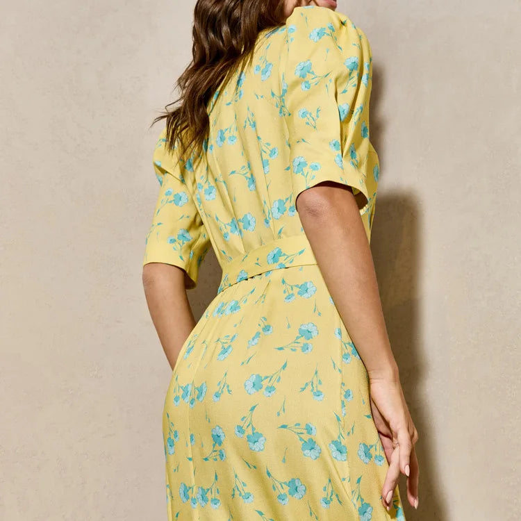 FDYOUI 2026 Summer V-neck Short Sleeve Floral Print Yellow Party Dress Women Single Breasted Lace-up Slim Long Vacation Dresses
