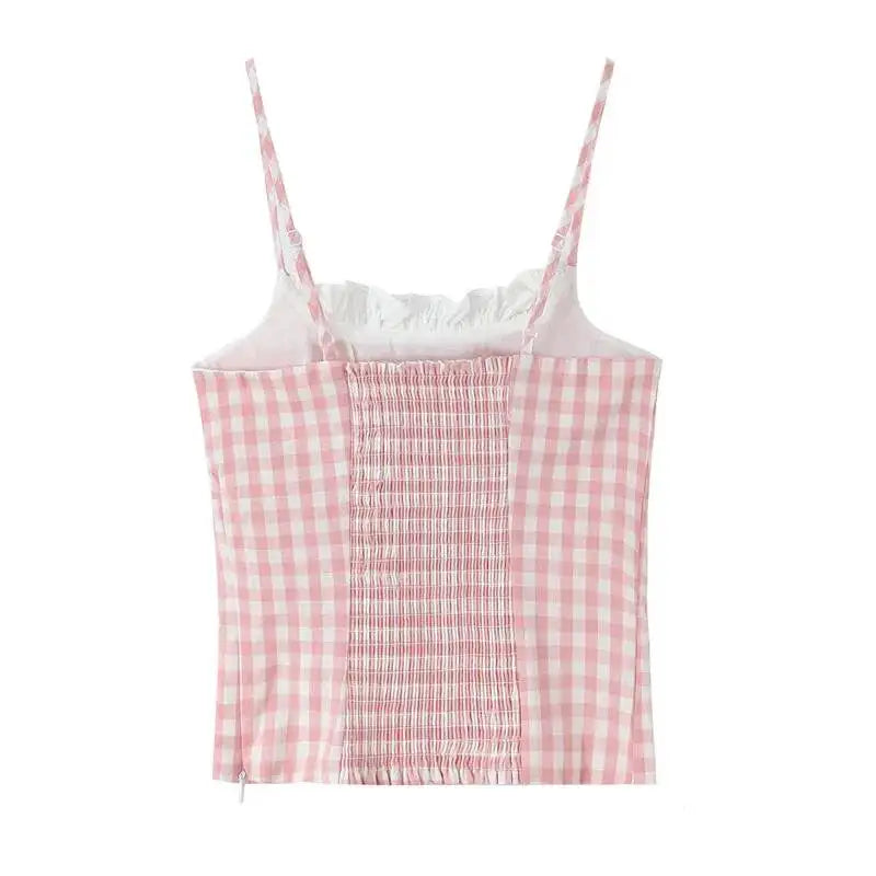 French Thin Style Sweet Plaid Camisole For Women With Lace Collar Slim Fit Semi Elastic Back Suitable For Seaside Vacations IHKJ