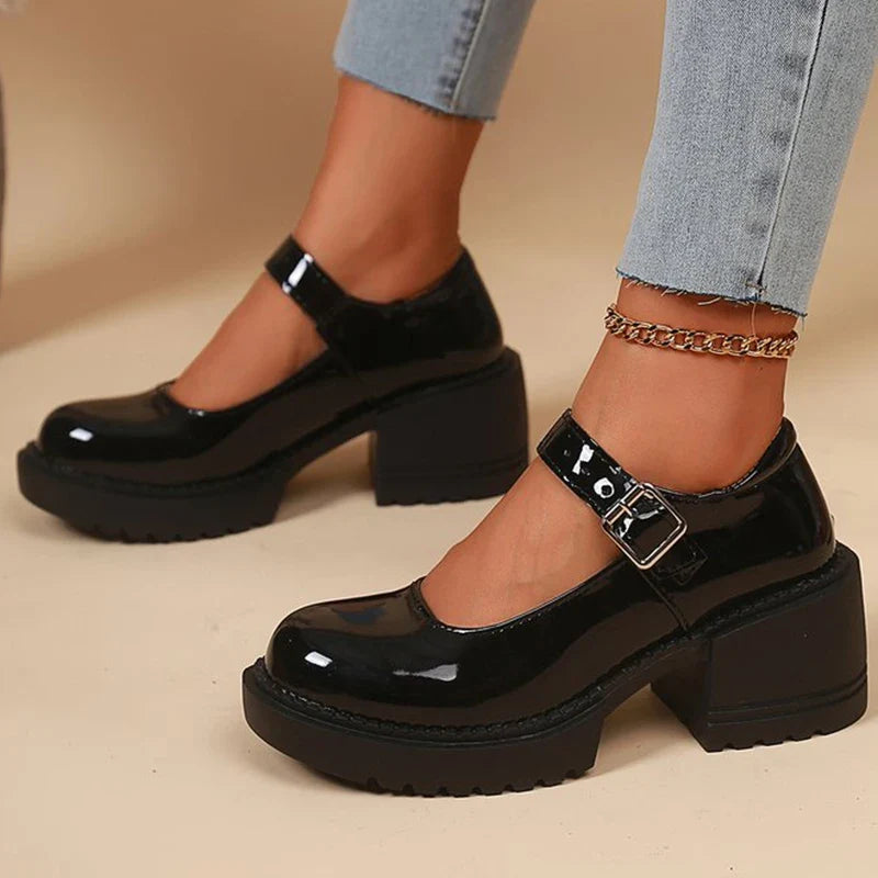 Elegant Adjustable Ankle Buckle Mary Jane Shoes Women Pu Leather Thick Heel Pumps Woman Round Toe Platform Casual Shoes Ladies