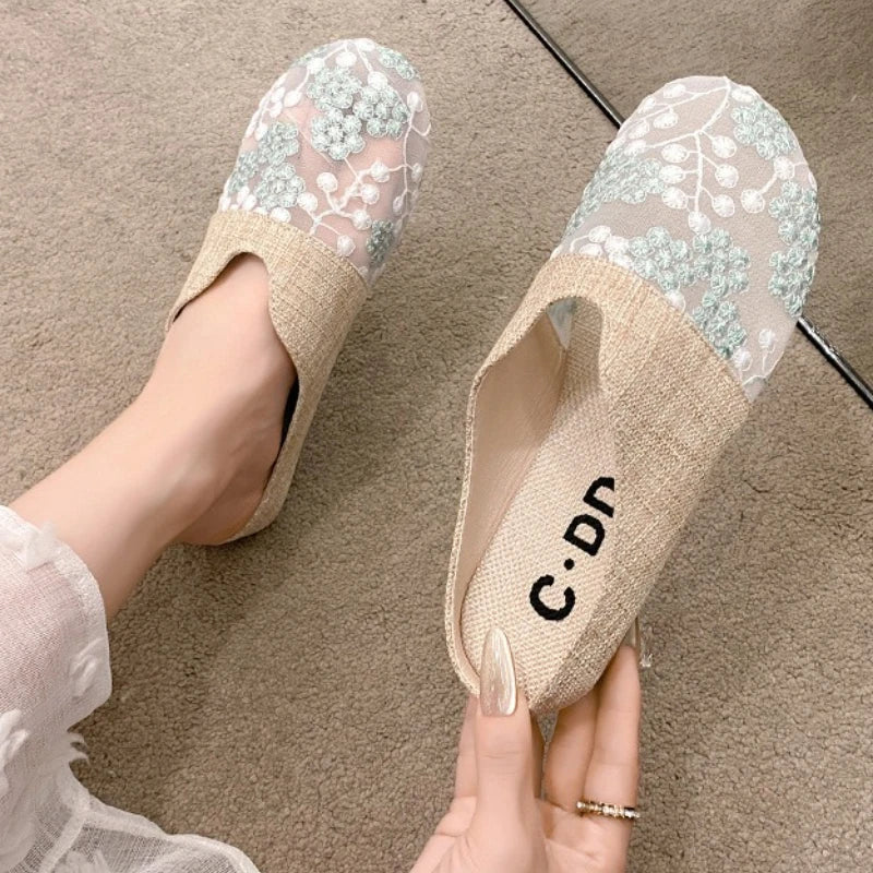 Breathable Mesh Linen Slippers For Women Summer Flat Shoes Anti-slip Female Indoor Outdoor Slides Office Lady Walking Sandals