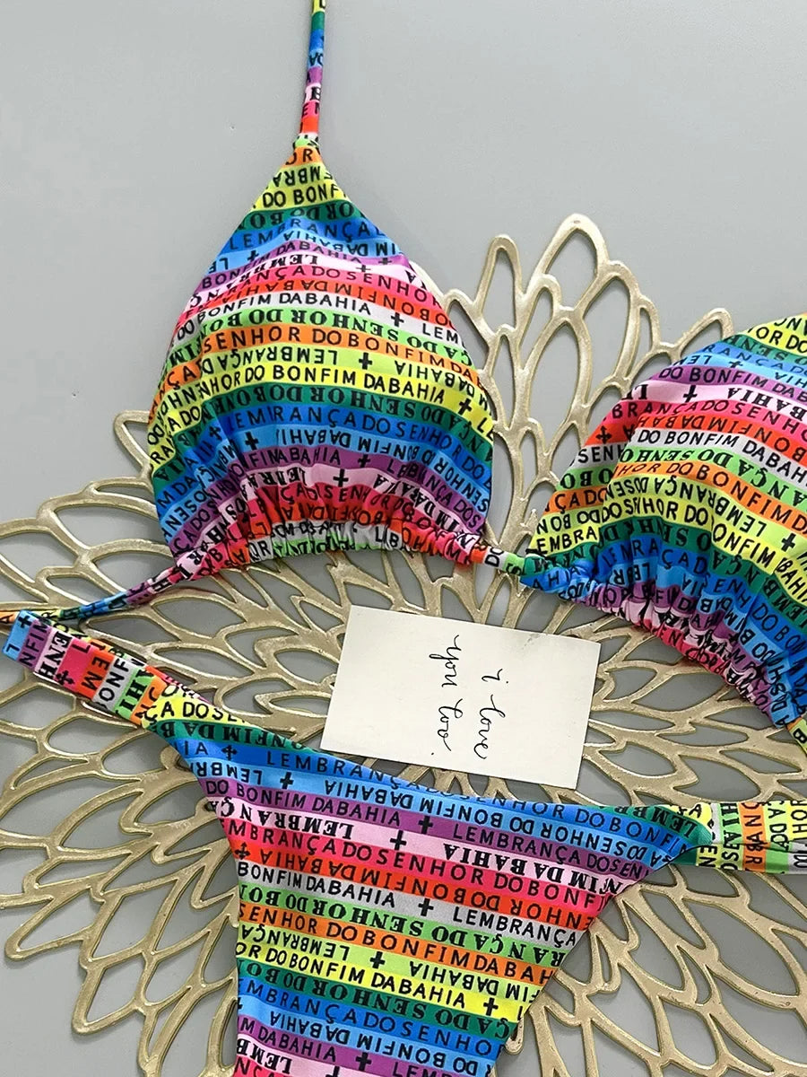 2026 Letters Print Colorful Micro Mini Thong Bikini Women Swimwear Female Swimsuit Two-pieces Bikini Set Bathing Suit Swim Lady