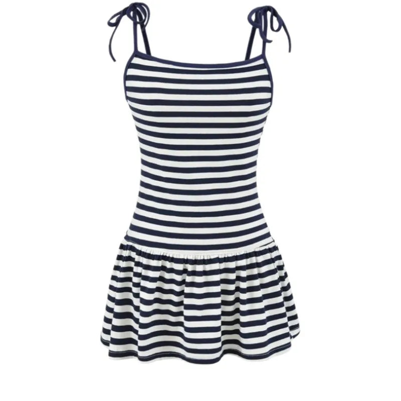 Sweet Double-shoulder Strap Striped Color-block Camisole For Women Unique Design Patchwork Pure Desire Dress Elegant Casual WIKO