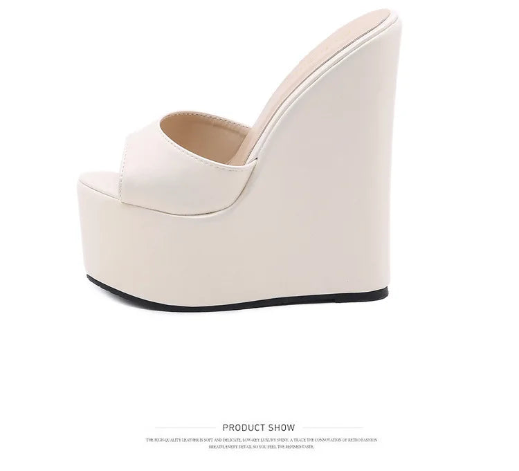 NASBAVI 2025 Fashion Peep Toe Wedges Heel Outside Women Slippers Concise PU Platform Slip on Summer Beach Mules Apricot 35-42