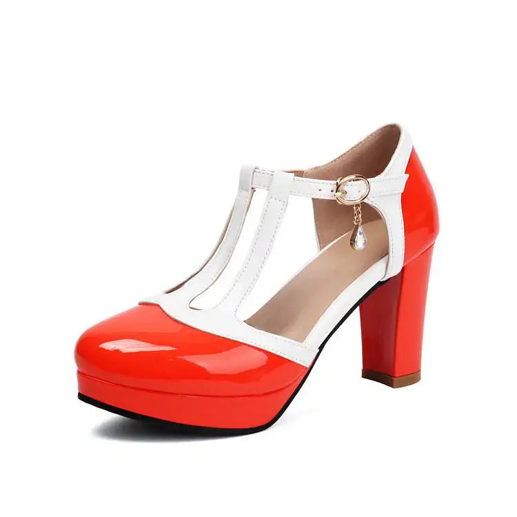 Spring Autumn New Style Fashion High-heeled Women's Shoes Color Block Round Head Shallow Mouth Buckle Square Heel Women's Shoes