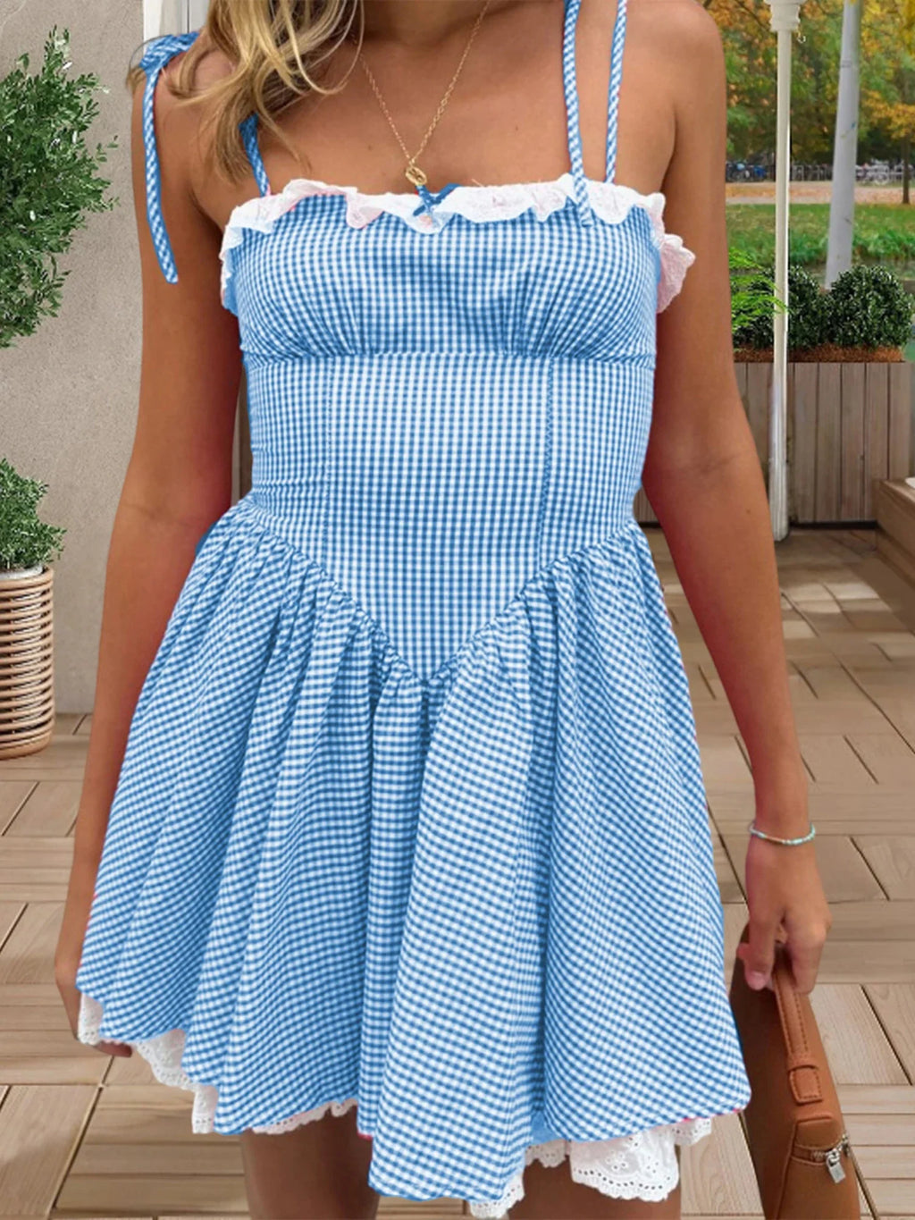 Summer Plaid Mini Cami Dress for Women Fashion Slim Ruffle Trim Tie-up Spaghetti Strap A-line Dresses for Daily Party