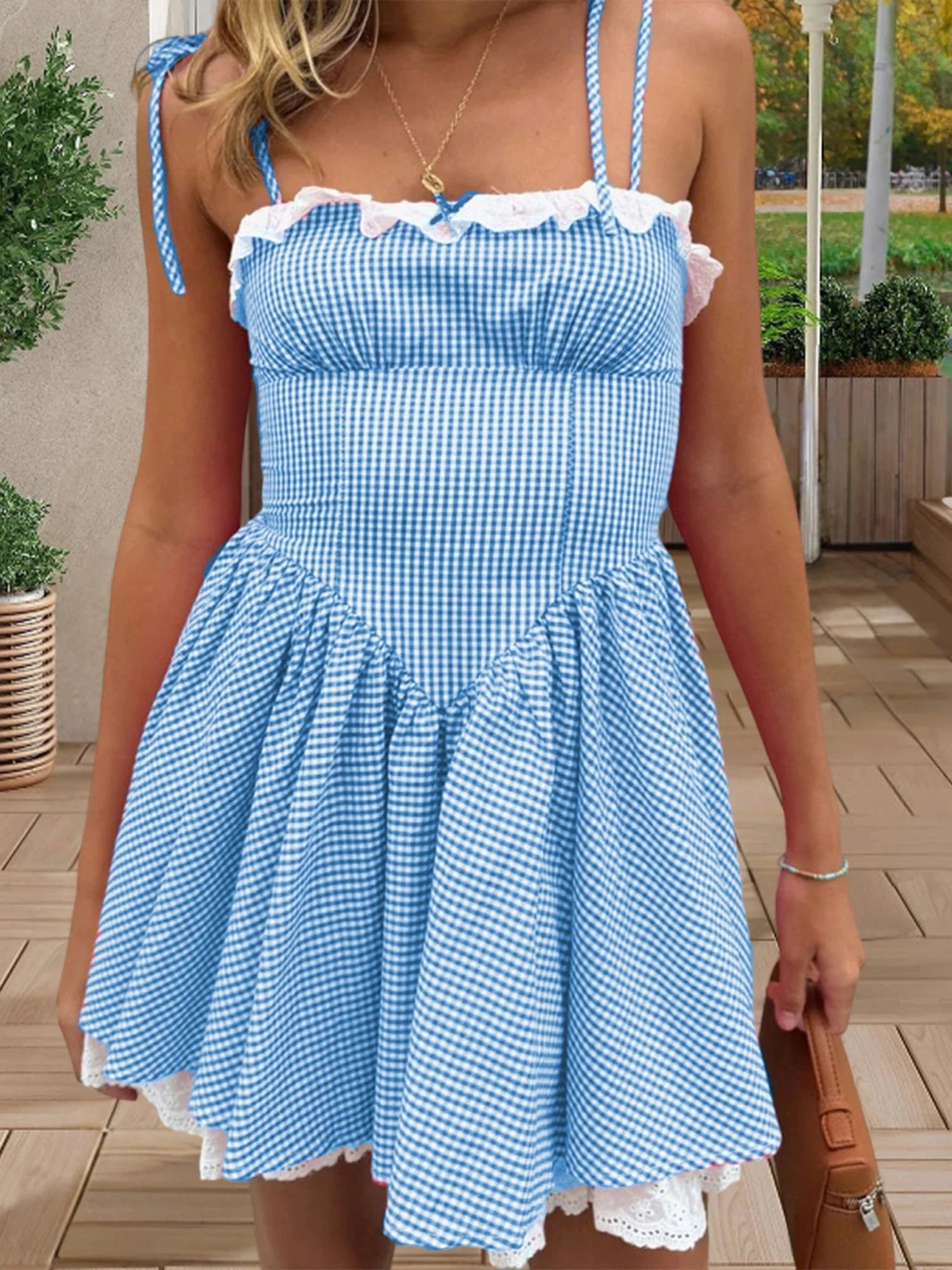 Summer Plaid Mini Cami Dress for Women Fashion Slim Ruffle Trim Tie-up Spaghetti Strap A-line Dresses for Daily Party