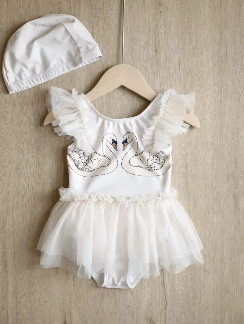 Princess Mesh Swimsuit Baby Girl Swan Cherry Sling Cute Swimming Suit Quick Drying Sun Protection Swim Wear with Cap H8126